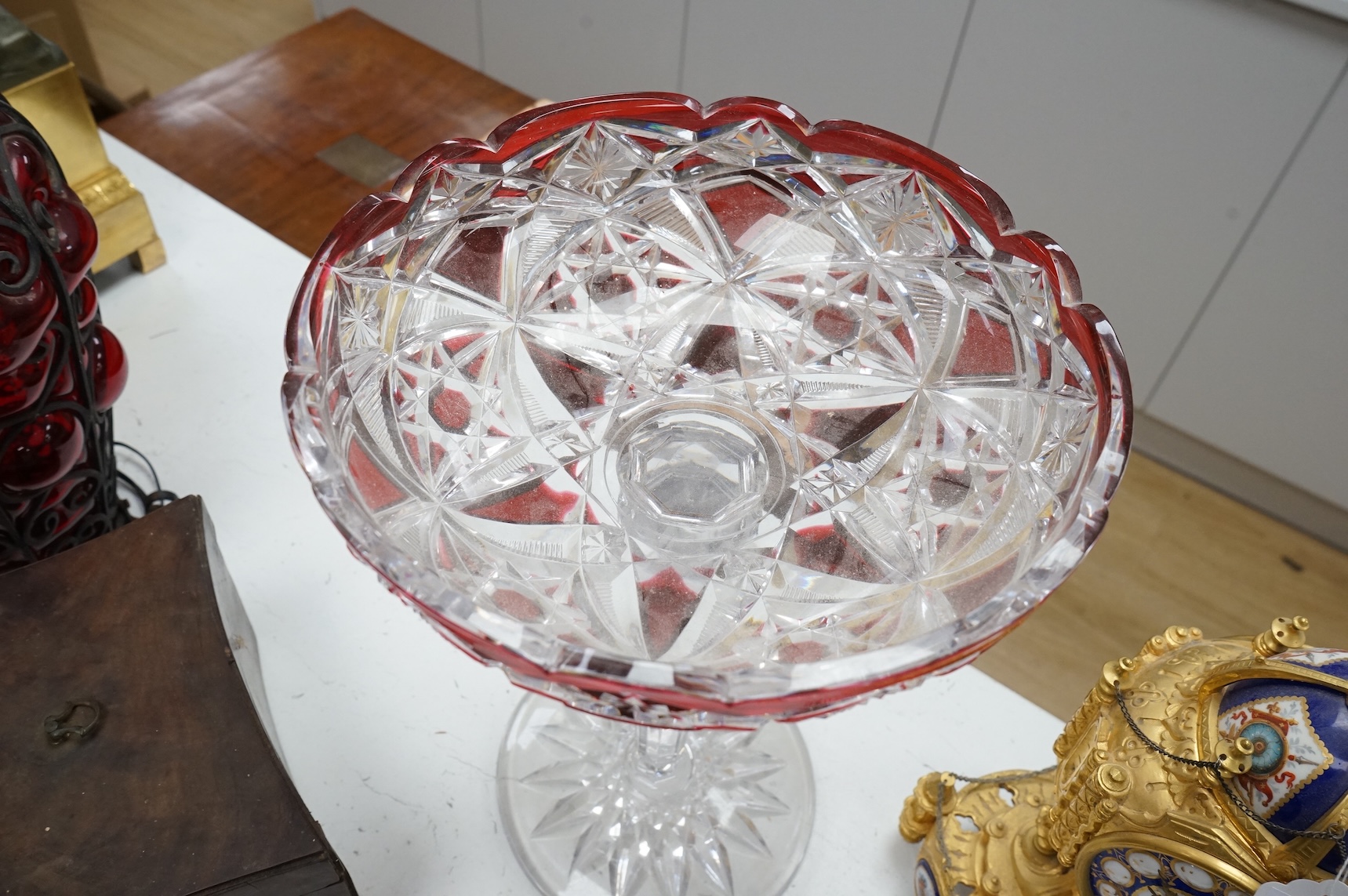 A large Bohemian cut glass and ruby-overlaid comport, 36cm high